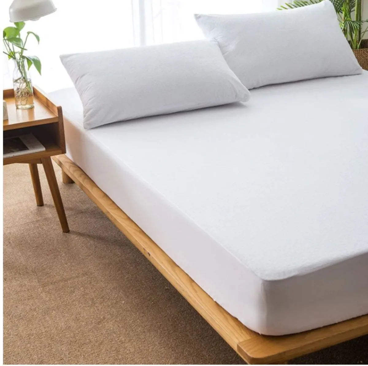 Husa de pat impermeabila cu elastic din bumbac, culoare alba