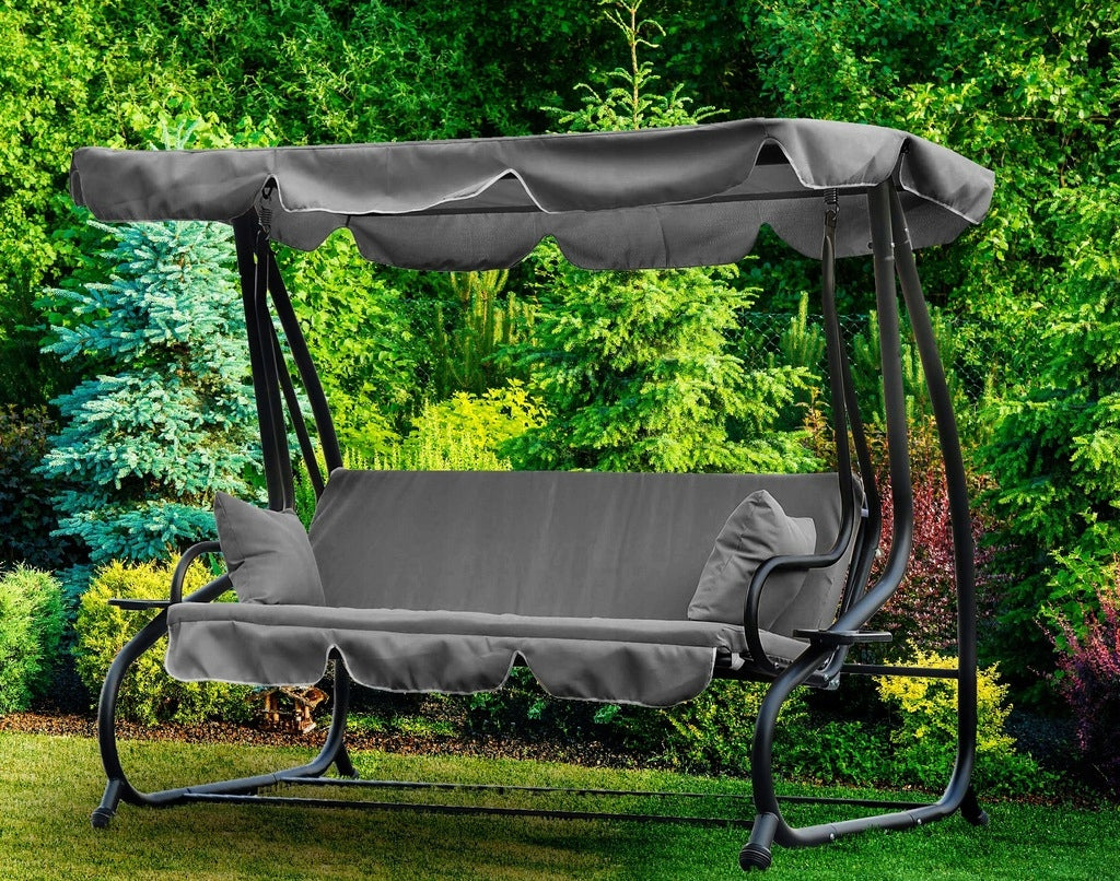 Balansoar gradina 3 locuri cu baldachin reglabil, perne si suport pahare, 210x120x170 cm, gri