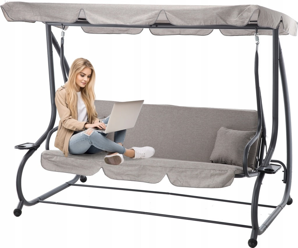 Balansoar gradina 3 locuri cu baldachin reglabil, perne si suport pahare, 210x120x170 cm, gri