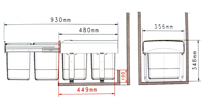 Cos gunoi incorporabil, colectare selectiva, cu 2 compartimente x15 litri