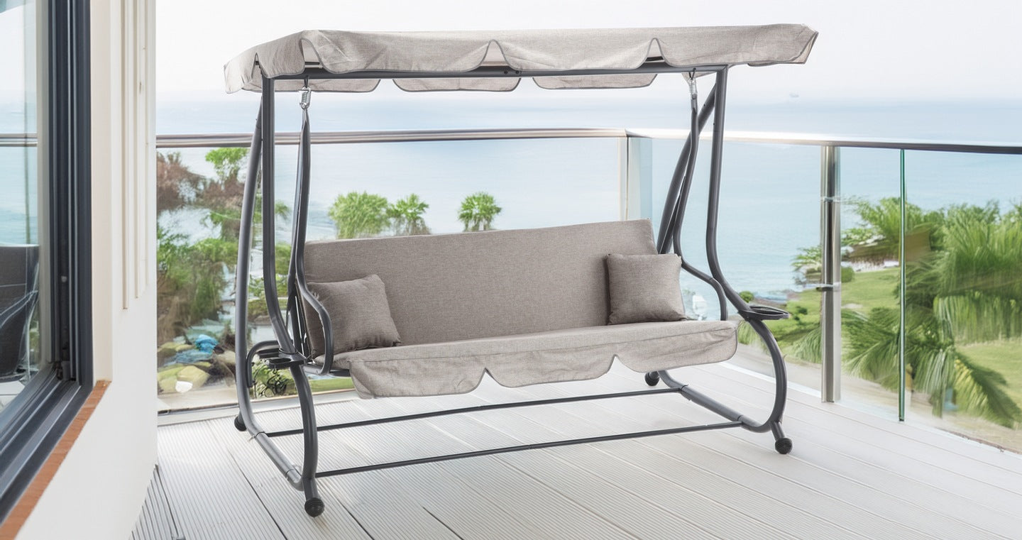 Balansoar gradina 3 locuri cu baldachin reglabil, perne si suport pahare, 210x120x170 cm, gri