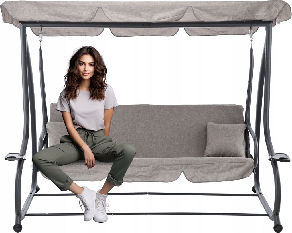 Balansoar gradina 3 locuri cu baldachin reglabil, perne si suport pahare, 210x120x170 cm, gri