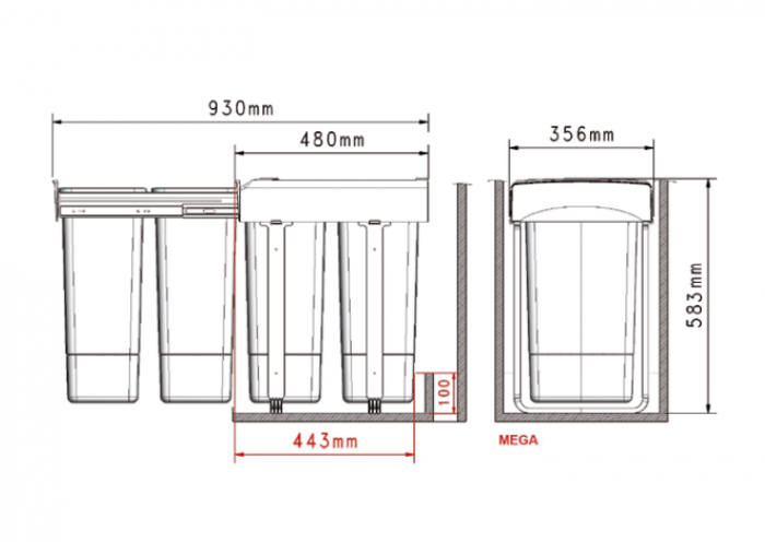 Cos gunoi incorporabil, colectare selectiva, cu 2 compartimente x26 litri